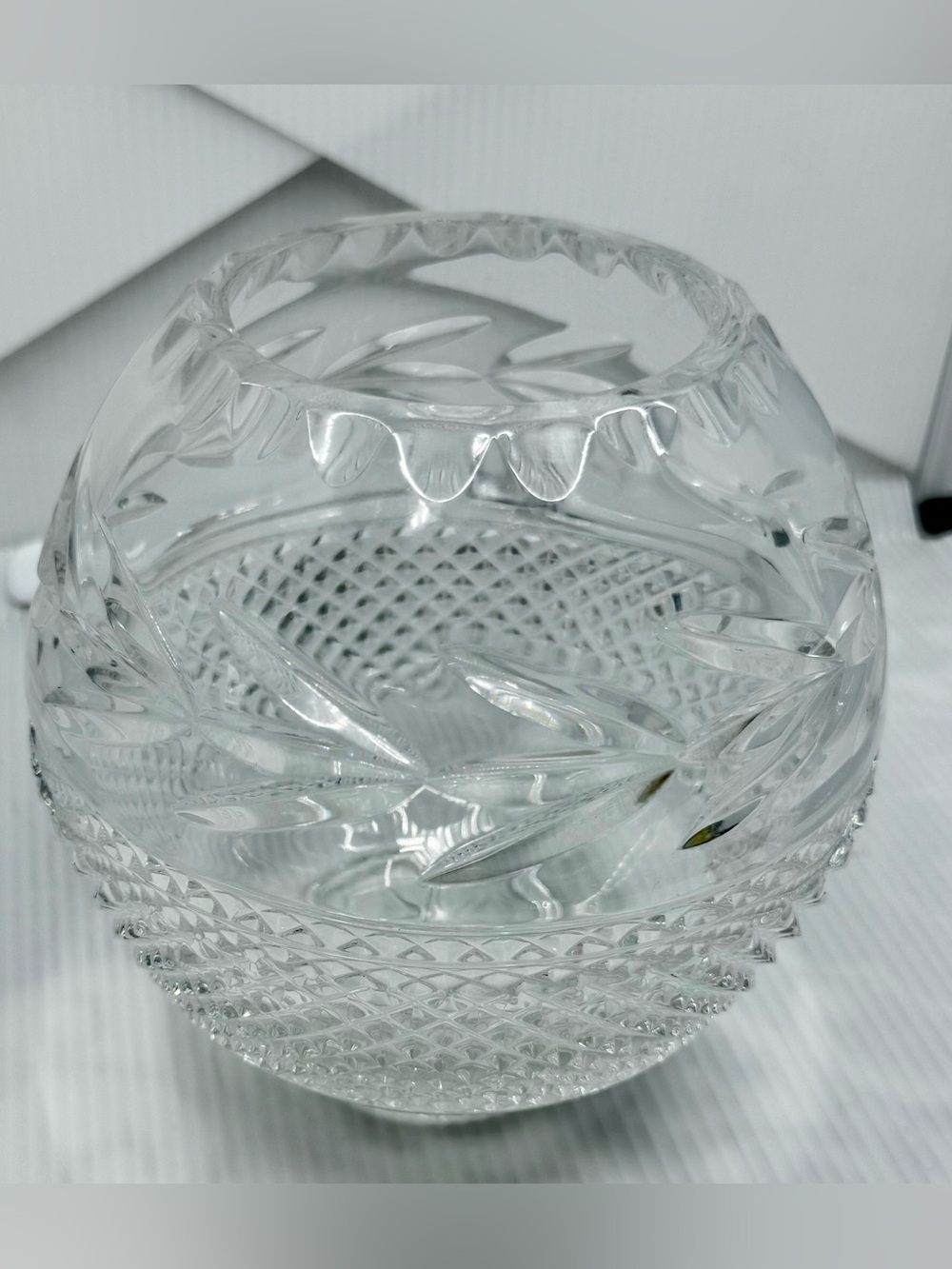 Galway Crystal Irish Cut Glass Clear Vase or Bowl Faceted Leaf Pattern Ireland